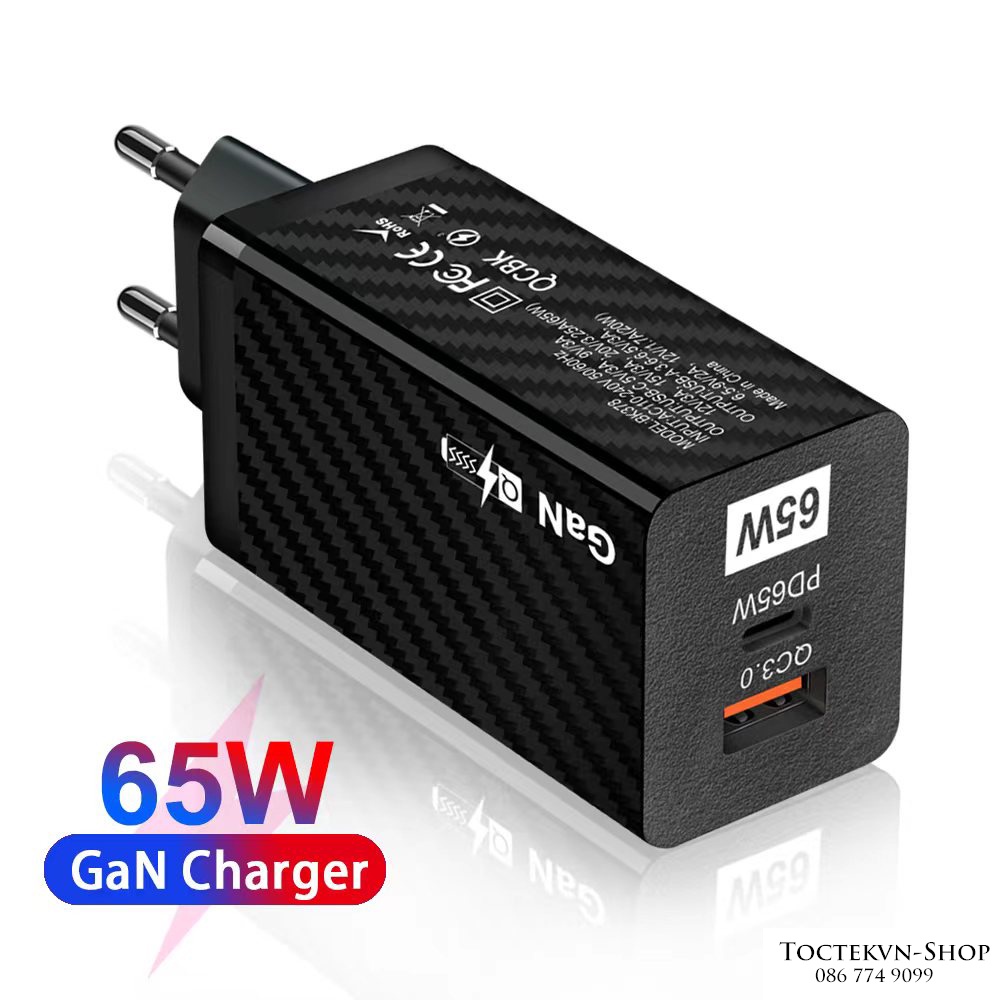 Củ Sạc 65W GaN QC 3.0 USB Type C dùng cho laptop, điện thoại các hãng.