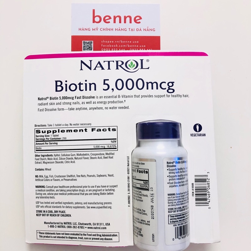 [🇺🇸Bill Mỹ] Viên Ngậm Natrol Biotin 5000 mcg hỗ trợ mọc tóc, đẹp da, khoẻ móng  (250 Viên) của Mỹ