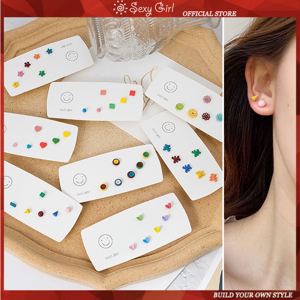 Bộ 3 Đôi Bông Tai Mạ Bạc 925 Hình Hoa Cúc / Hình Vuông Phong Cách Hàn Quốc Thời Trang Cho Nữ