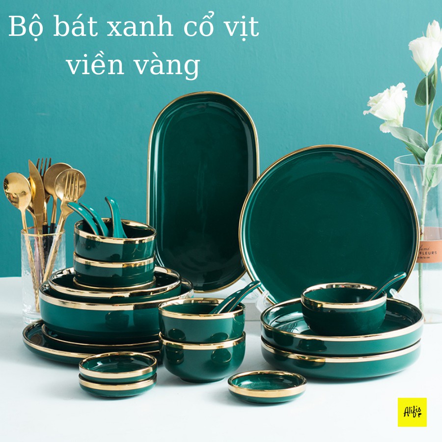 Bộ bát đĩa xanh cổ vịt viền vàng cao cấp – Phù hợp cho 2-6 người – Kèm hộp quà tặng sang trọng