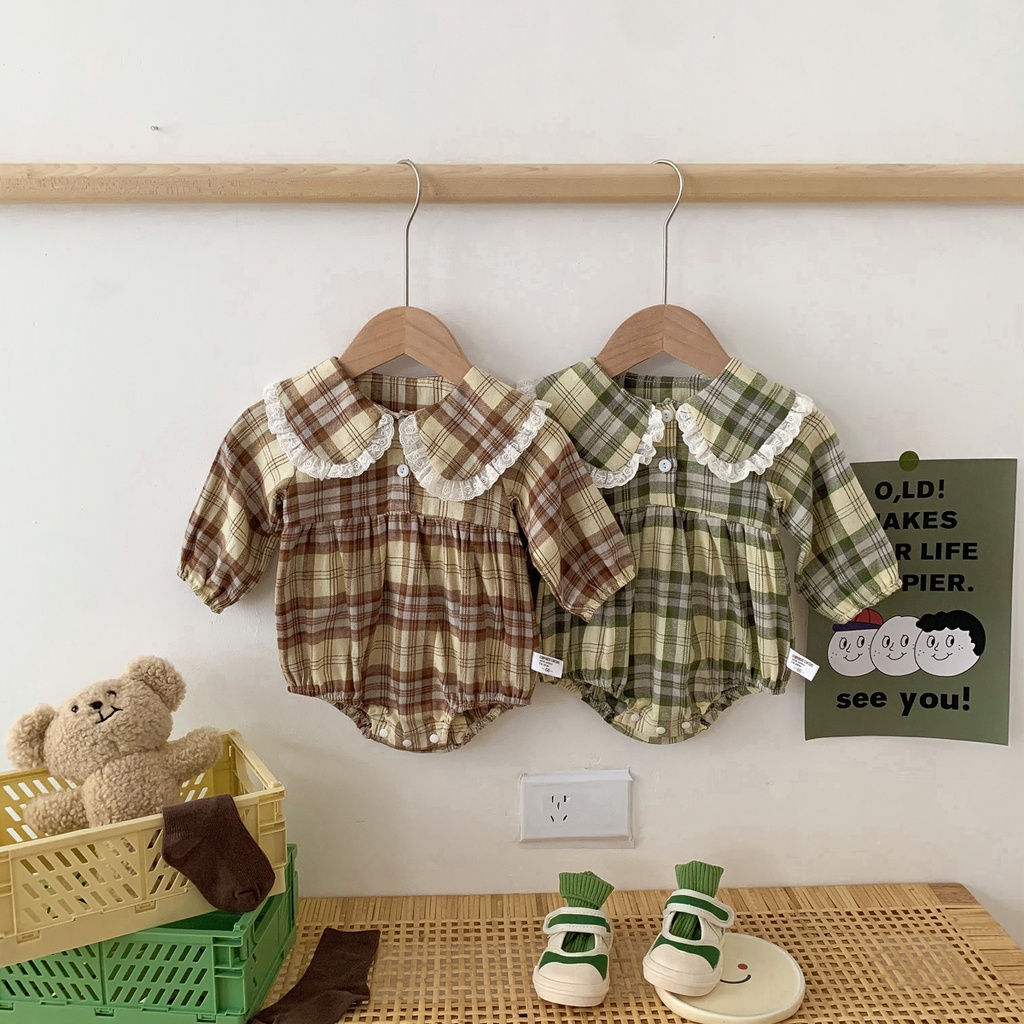 Bộ áo liền quần tay dài họa tiết caro thời trang mùa thu cho bé gái