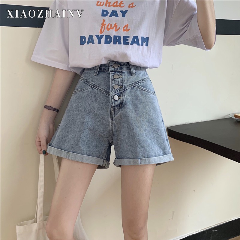 Xiaozhainv Quần short denim eo cao ống rộng phong cách Hàn Quốc | BigBuy360 - bigbuy360.vn