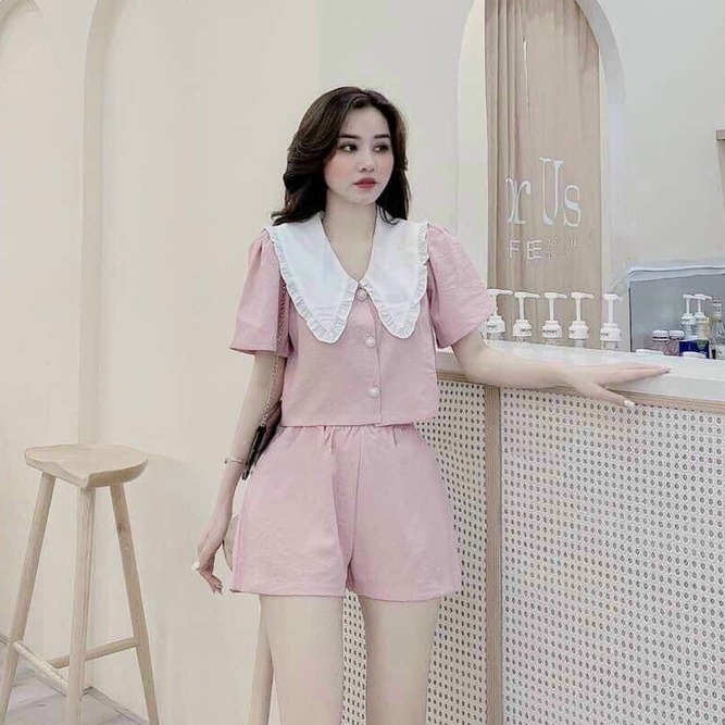Set bộ đùi áo cổ vạt trắng có hàng nút thoải mái mặc ngày hè
