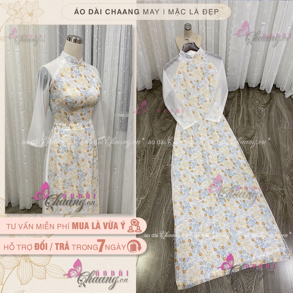 Áo Dài Hoa Nhí Phối Tay Lỡ Trắng Tằm Tơ Voan Hoa Xanh 4 Tà Đẹp PT021