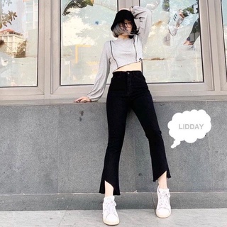 Quần jean ống loe đen xẻ gấu chéo , quần jean ống loe co dãn cạp cao tôn dáng