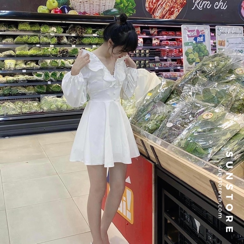 Đầm xoè nữ tay dài cổ V cài nút bọc bo chun váy mini dáng xoè 3 màu