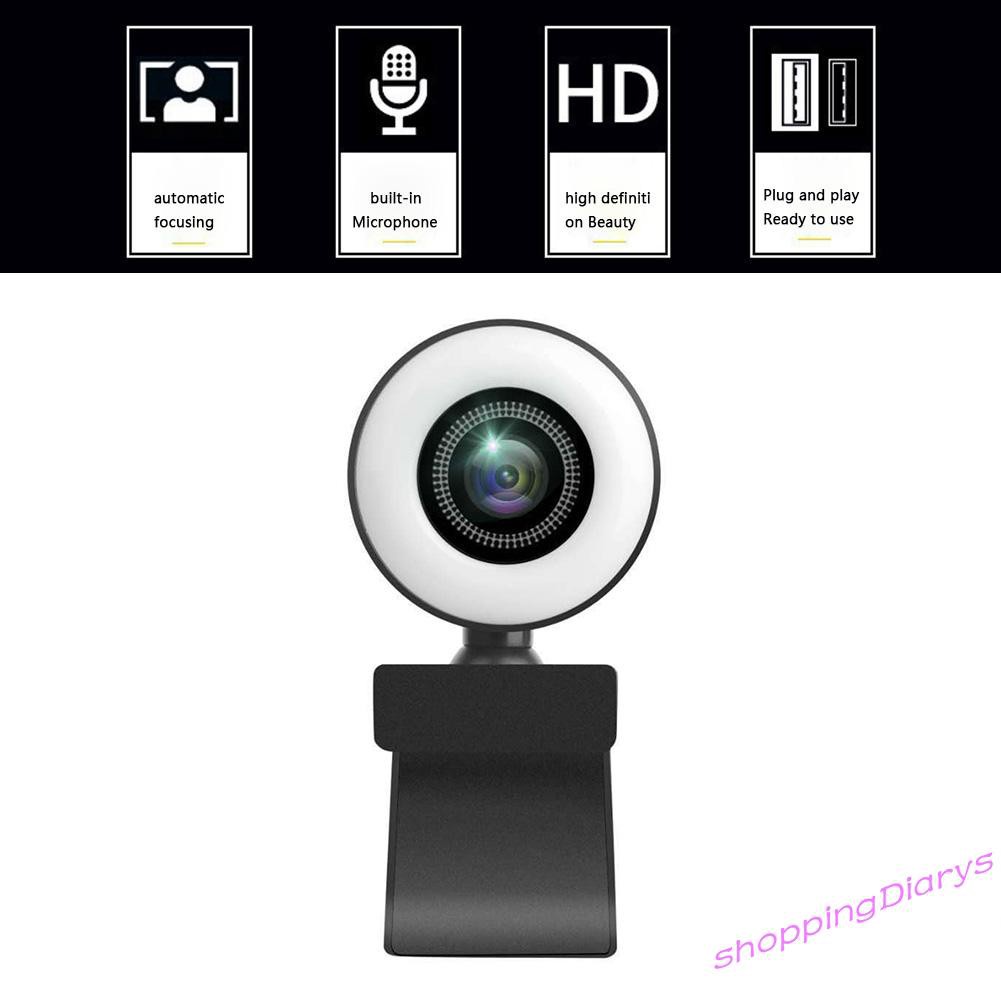 ✤Sh✤ 1080P HD USB Webcam Web Camera with Ring Light Microphone for PC Live Video