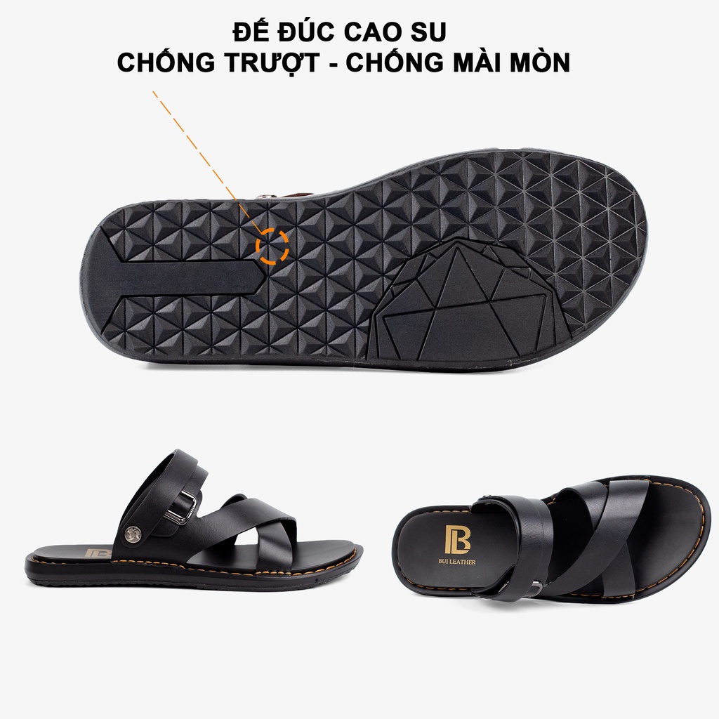 Dép nam quai ngang da bò Nappa cao cấp Bụi Leather E102, đế đúc nguyên khối khâu viền thủ công đi êm chân, BH 12 Tháng