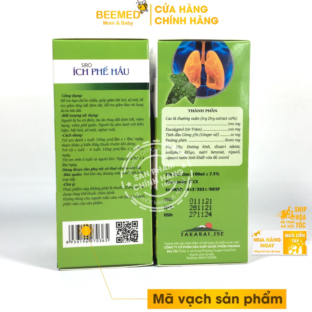 Siro bổ phế giảm ho Ích Phế Hầu - hỗ trợ giảm ho, hắt hơi, sổ mũi, bổ phế, bổ phổi từ lá thường xuân, gừng - chai 100ml