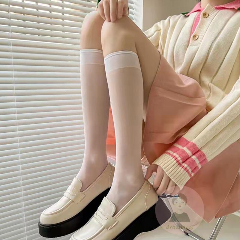 Vớ Dài Ngang Bắp Chân Mỏng Co Giãn Màu Trơn Thời Trang Dành Cho Nữ