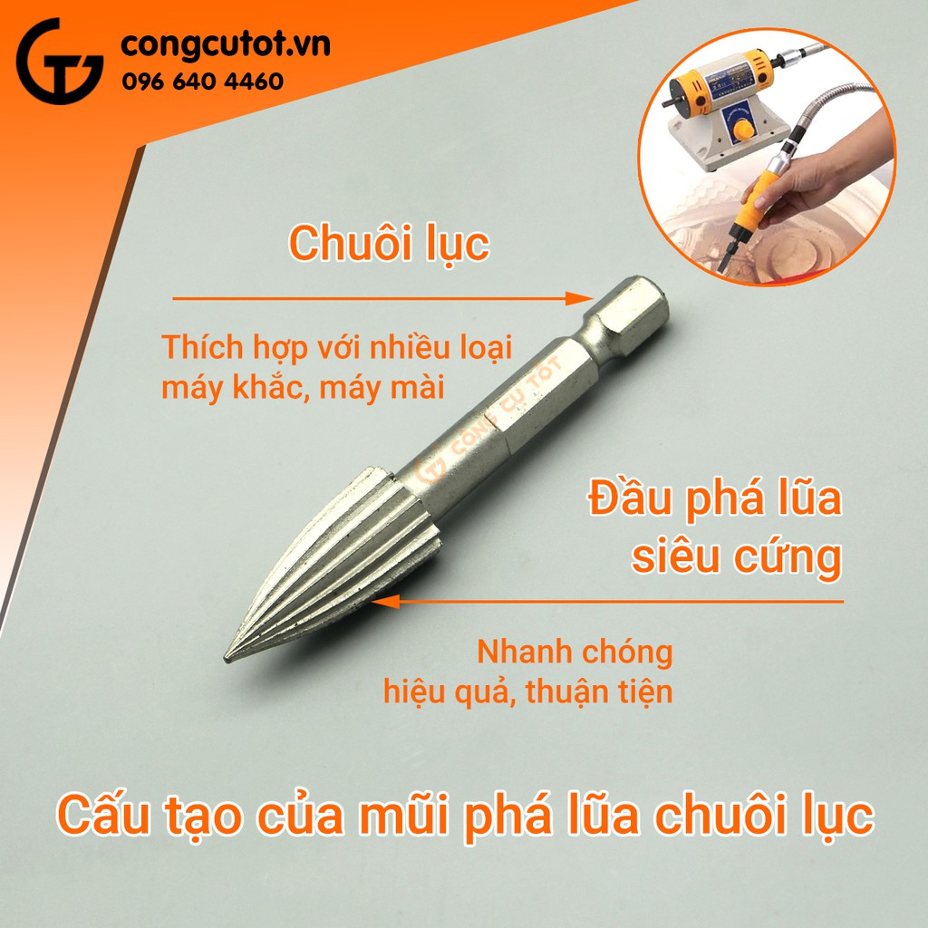 Bộ 5 mũi mài, khắc, mũi phá lũa gỗ chuôi lục cao cấp
