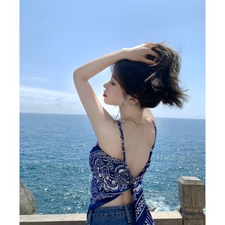 (Có sẵn) Áo Yếm lụa 2 dây hoa văn cổ điển cô gái sexy đi du lịch đi biển