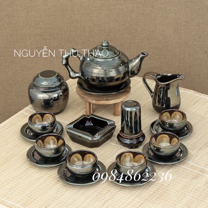 Bộ ấm chén men hoả biến rêu gương Bát Tràng- Bộ ấm chén đẹp- Bộ trà cao cấp