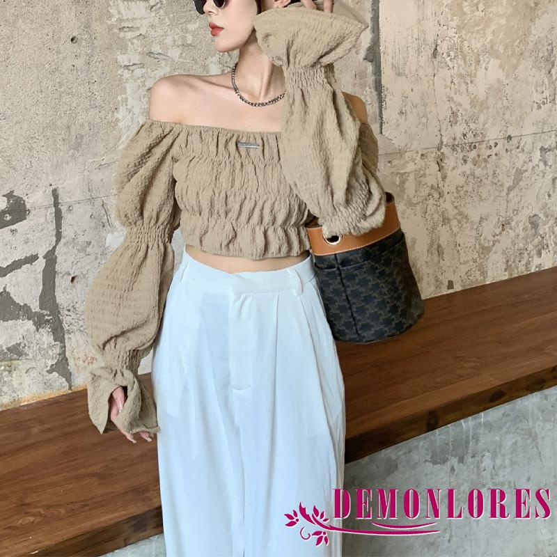 Áo croptop trễ vai tay phồng dài màu sắc thời trang cho nữ