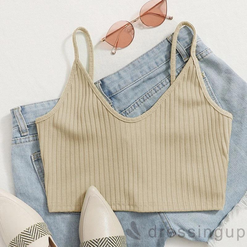 DRESSINGUP-Áo Dáng Ngắn Hai Dây Hở Lưng Cổ Chữ V Màu Trơn Cá Tính Độc Đáo Cho Nữ