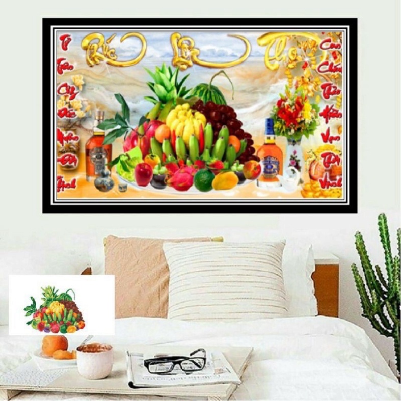 Tranh thêu mâm ngũ quả KT:100x50cm,tranh chưa thêu.Tặng kéo và xỏ chỉ