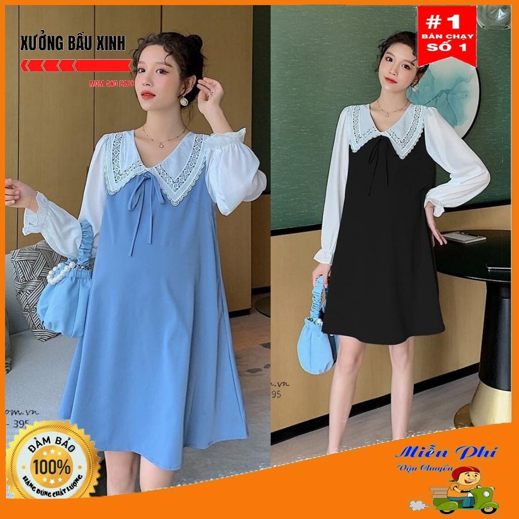 Váy bầu thời trang thiết kế dài tay M179 chất đũi hàn freesize từ 45 đến 70kg