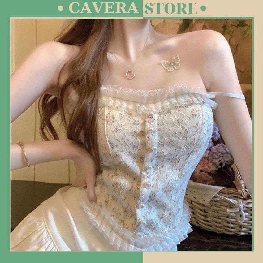 Áo croptop 2 dây - Áo bra nữ ren chun lưng tiểu thư xinh xắn sang trọng Cavera B3025