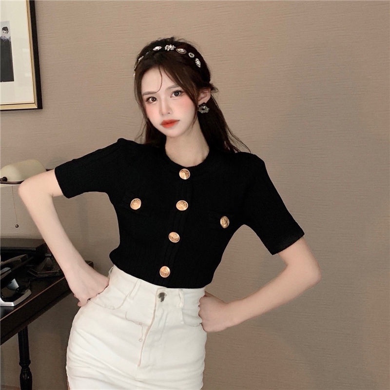 Áo sweater mỏng tay ngắn cổ tròn cài nút kiểu Pháp cổ điển