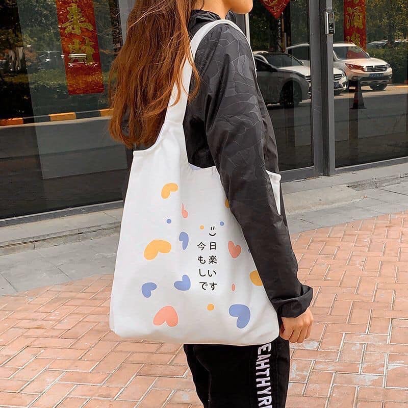 Túi Tote Vải Bố Đựng Đồ Canvas Đeo Chéo In Hình Trái Tim