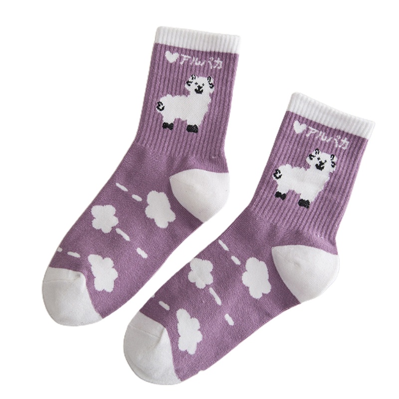 Vớ Cotton Họa Tiết Sọc Tím / Trắng In Hình Chú Cừu Hoạt Hình Dễ Thương Cho Nữ