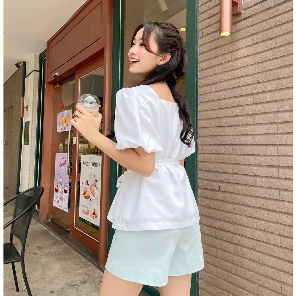 Áo cổ vuông tay phồng thắt nơ eo