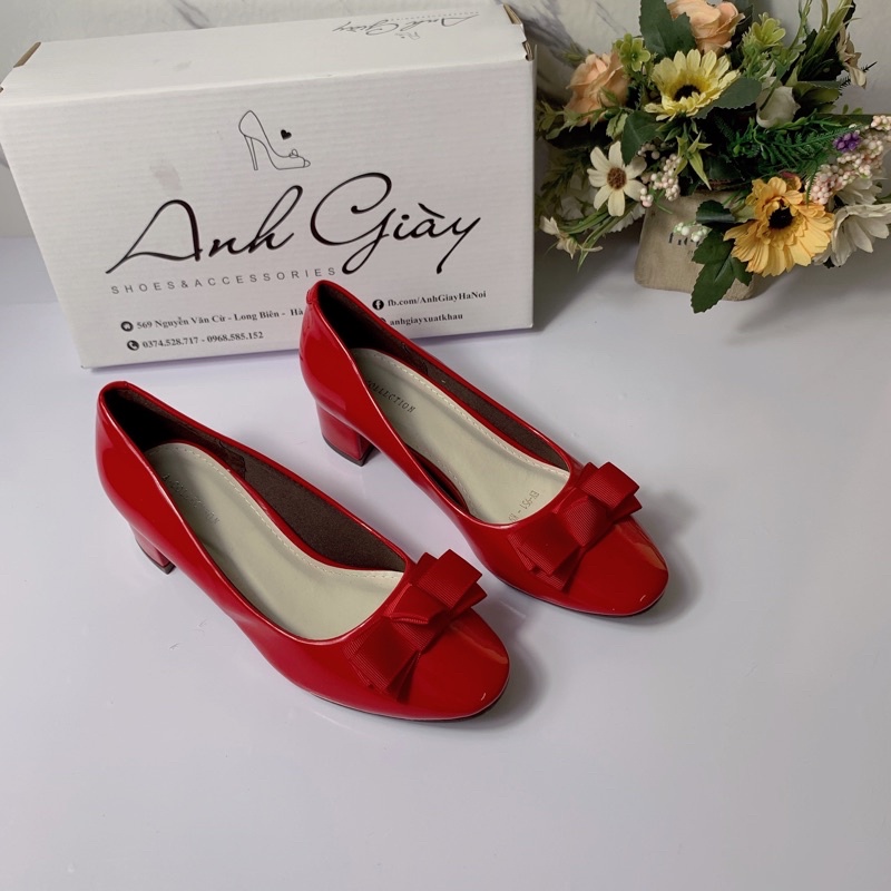 CG60- Giày cao gót da bóng mũi vuông gót trụ 3p nơ lụa hàng Việt nam xuất khẩu