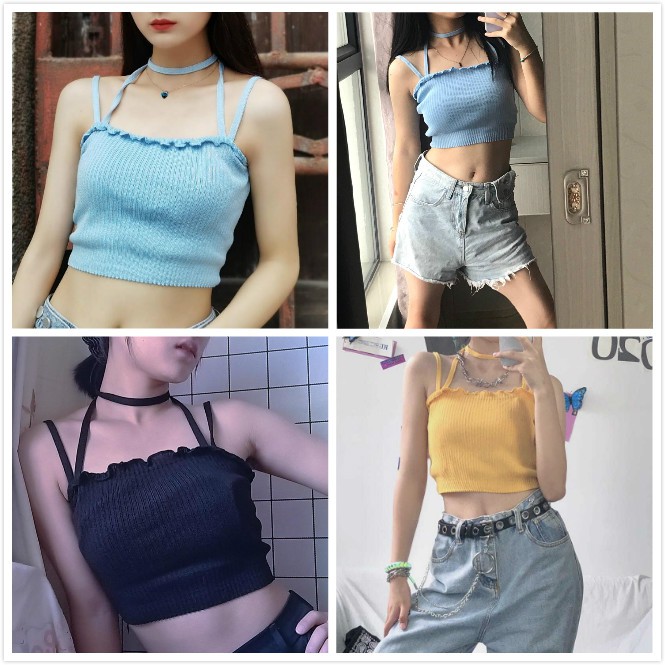 Áo dệt kim màu trơn phối dây thời trang mùa hè cho nữ