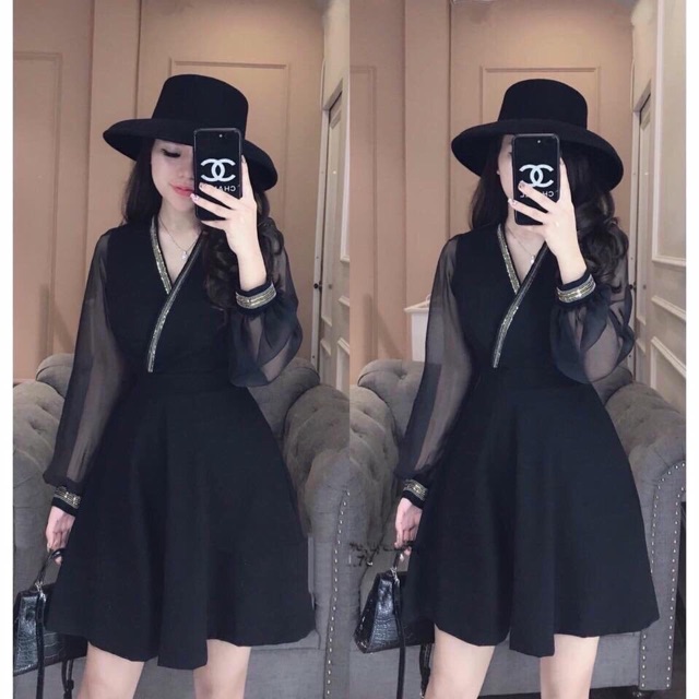 Đầm kiểu chữ A phối tay lứoi cổ viền chéo | BigBuy360 - bigbuy360.vn