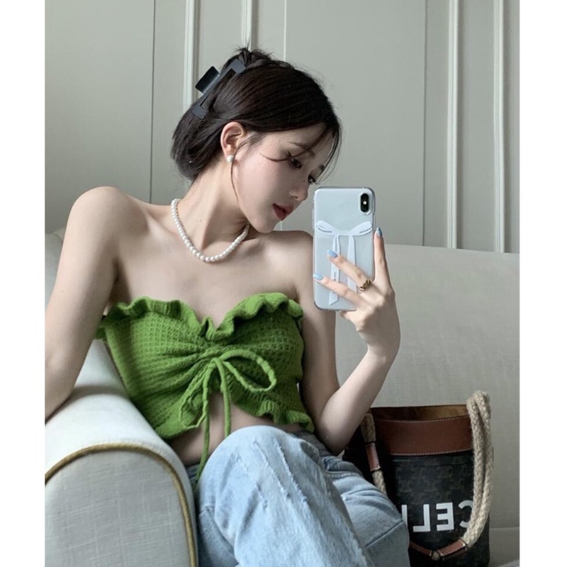 QADCOL  Áo Dệt Kim Hai Dây Dáng Ngắn Màu Xanh Lá Thời Trang Mùa Hè Hàng Mới Dành Cho Bạn Nữ