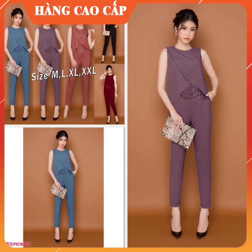 Jumpsuit Nữ Dài Cổ Tròn Sang Chảnh Áo Liền Quần Ống Ôm Phối Áo Dự Tiệc Sát Nách Đắp Chéo Phối Ren J893
