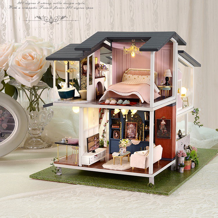 Mô hình nhà DIY Doll House Monet Garden Kèm Mica Chống bụi, Bộ dụng cụ, Keo dán và Bộ phát nhạc