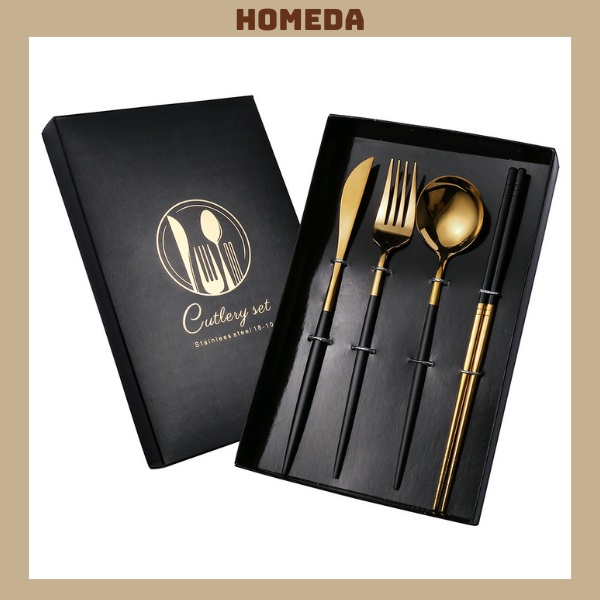 Set Hộp 4 món Thìa Đũa Dao Nĩa Inox/Thép không gỉ Mạ Vàng Sáng Bóng cao cấp sang trọng, Muỗng ăn cơm -Đồ Gia Dụng Homeda