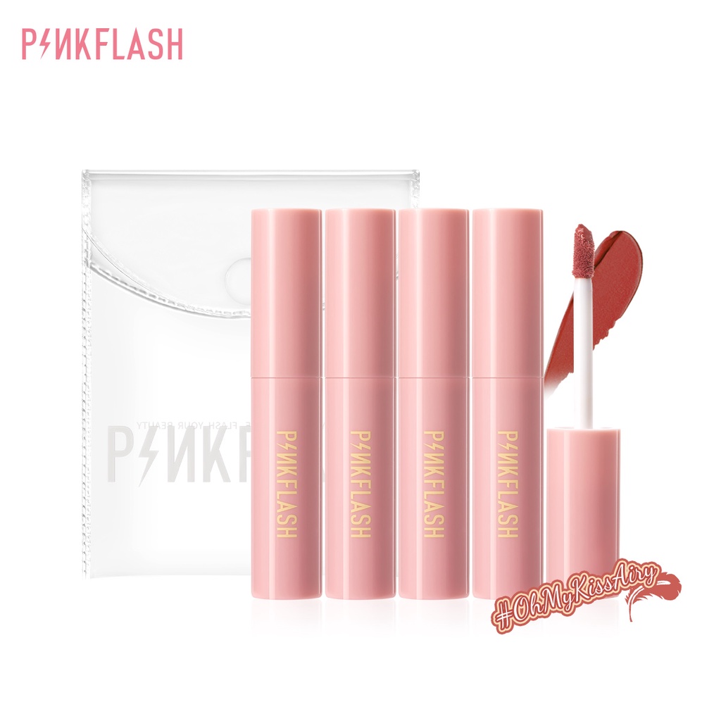 Bộ 4 son môi mờ PINKFLASH dạng lỏng chống thấm nước với hiệu ứng kép nhẹ cho môi và má