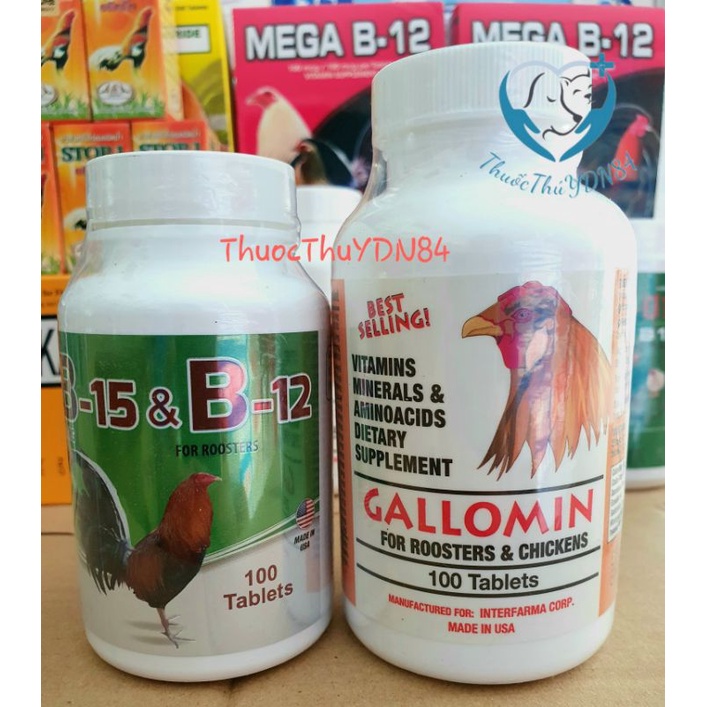 Combo hộp 100 viên vitamin dinh dưỡng nuôi gà đá gallomin + b12 & b15