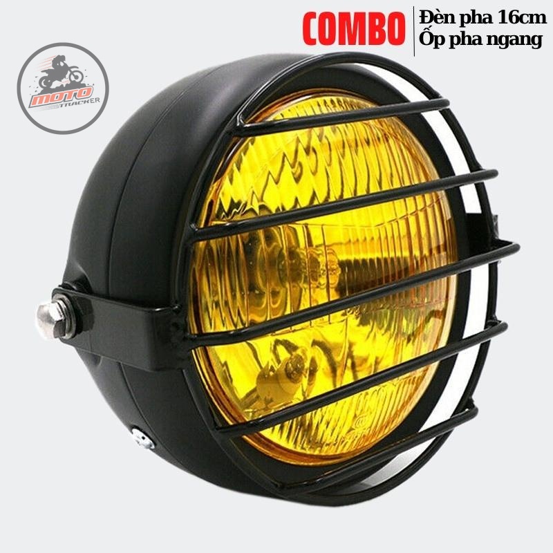 Combo gồm đèn pha xe máy 16cm có lưới bảo vệ kèm bộ pat gắn vào phuộc độ win, gn125, cafe racer