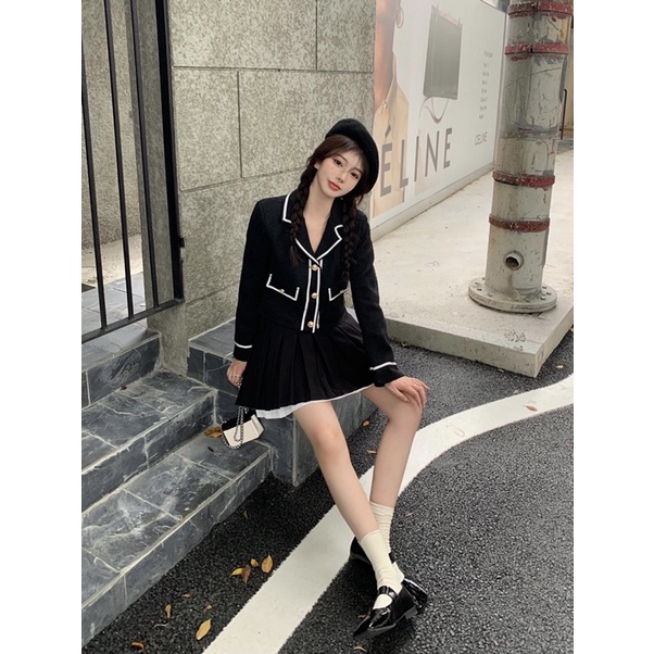 Set áo dạ tweed dáng ngắn phối viền trắng nổi bật kèm chân váy xếp li (có ảnh thật) | BigBuy360 - bigbuy360.vn