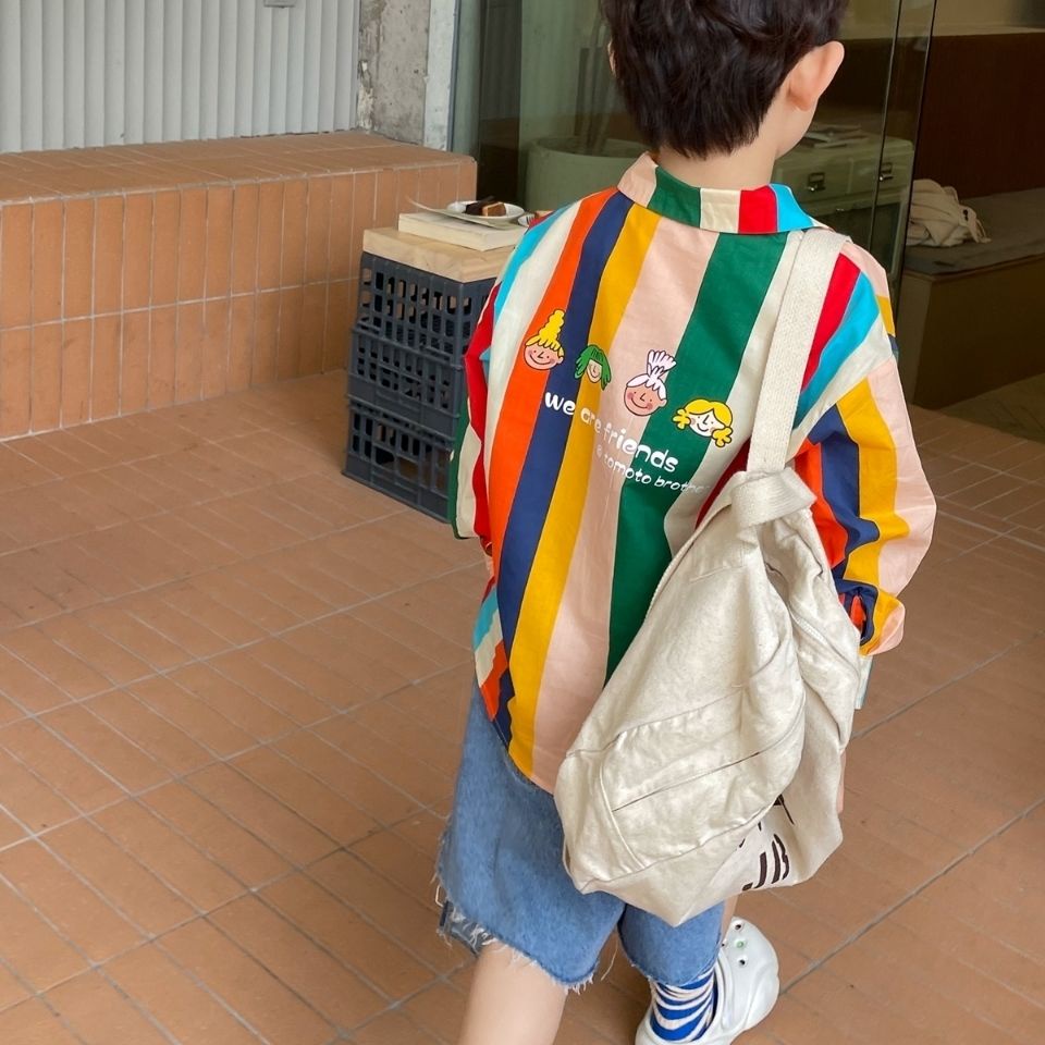 Áo Sơ Mi Tay Dài Kẻ Sọc Cầu Vồng Phong Cách Hàn Quốc Thời Trang Mùa Xuân Mới 2022 Dành Cho Bé Trai