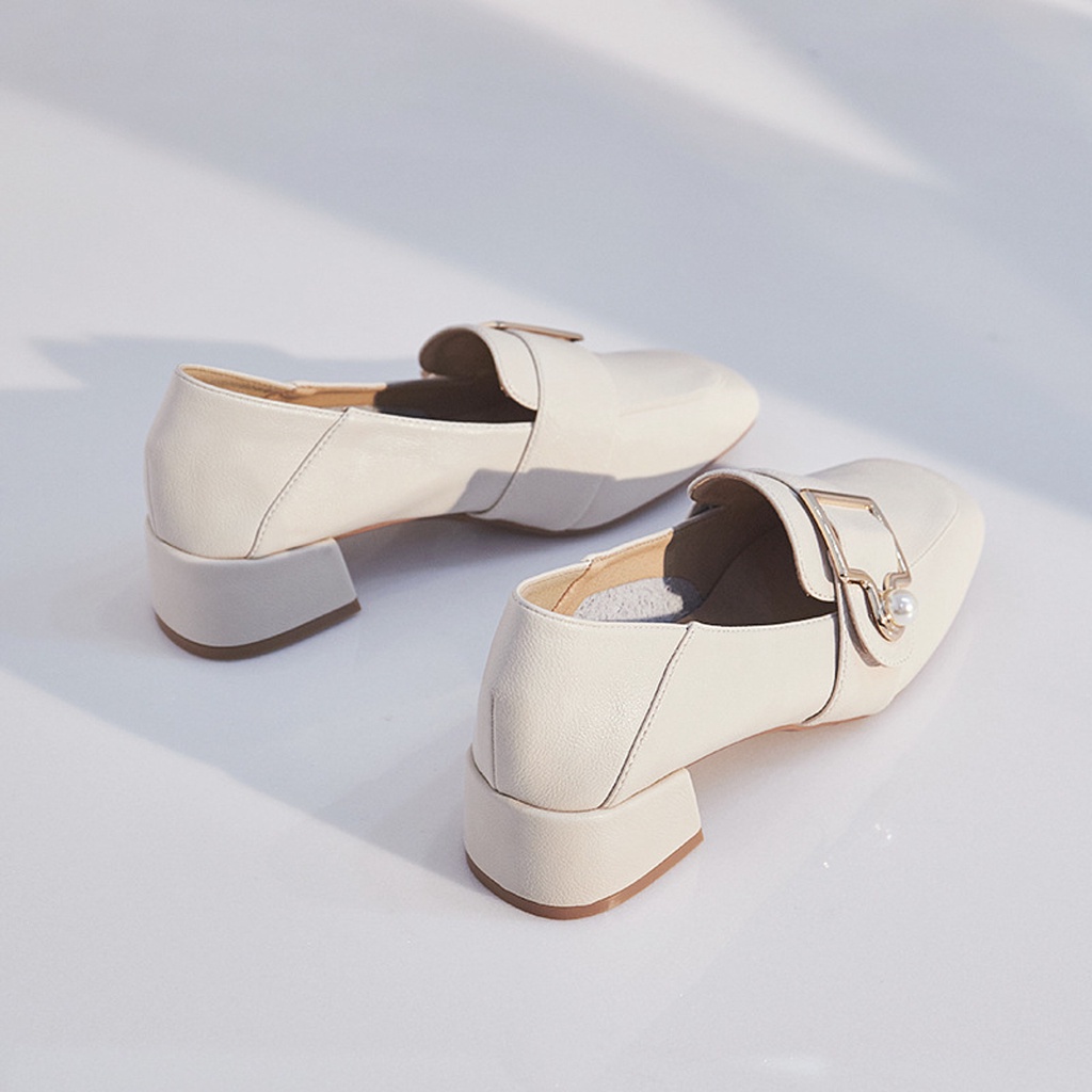 Giày Nữ Dáng Loafer Mũi Vuông Ulzzang Có Khuy Cài Đính Ngọc Gót Vuông 3cm Basic Phong Cách Hàn Quốc - Iclassy_shoes