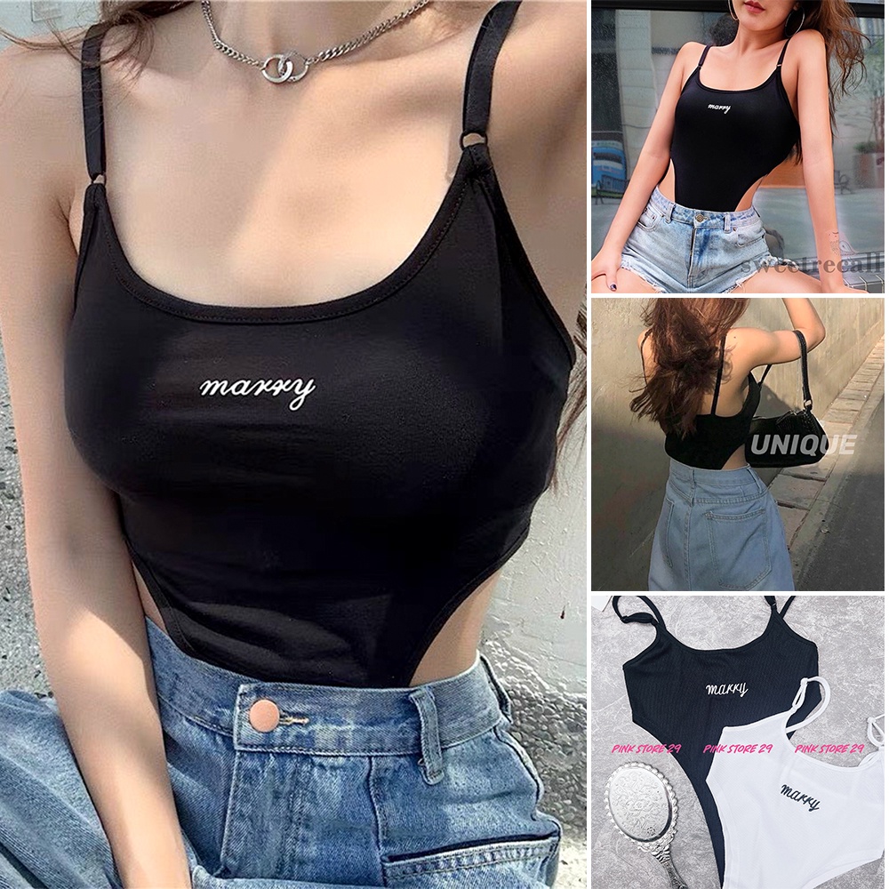 Áo Liền Quần Hai Dây Bodysuit Họa Tiết Thêu Chữ MARRY Ôm Dáng Gợi Cảm A5342