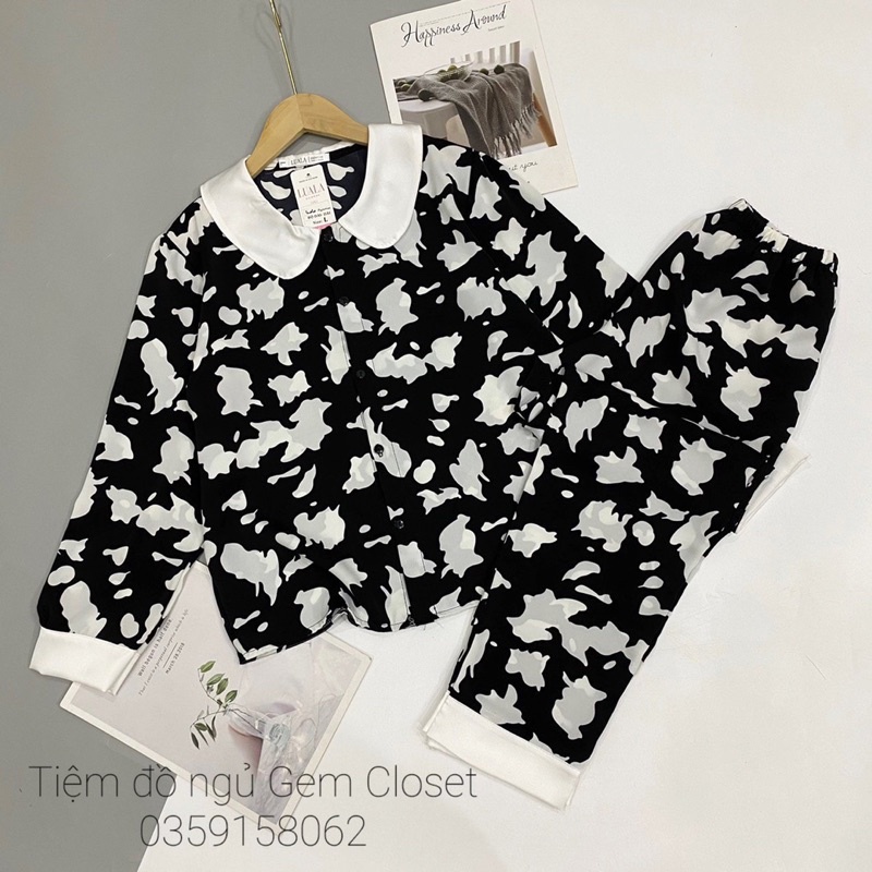 Lụa mango - Bộ mặc nhà pijama hoạ tiết bò sữa dài tay quần dài chất lụa loại 1 (Ảnh thật 100%)