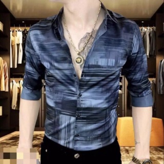 Áo sơmi lụa cao cấp 3D loang xanh