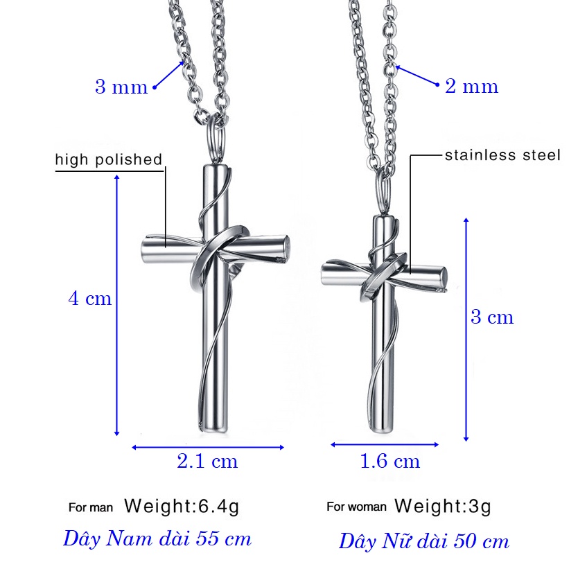 Dây chuyền cặp đôi mặt thánh giá màu trắng chất liệu stainless steel cao cấp không gỉ