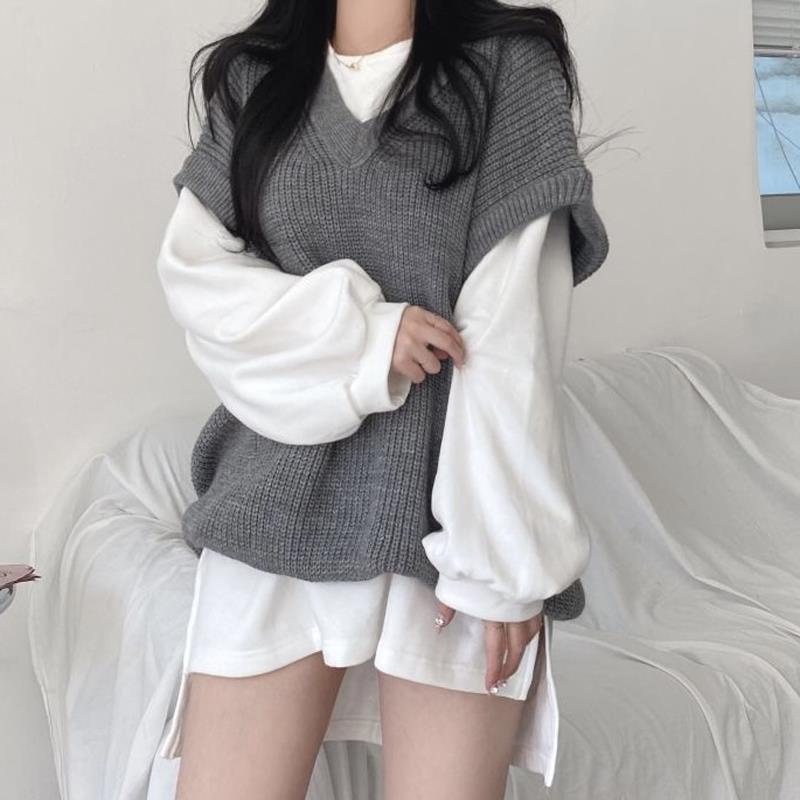 Set áo thun + áo len không tay cổ chữ v thiết kế mới thời trang theo phong cách Hàn Quốc