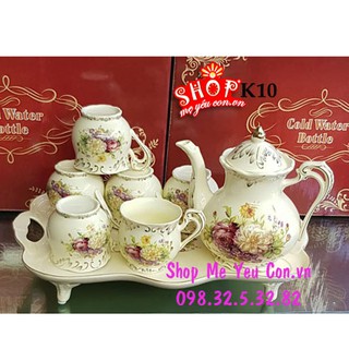 Bộ ấm chén sứ ngà hoa kèm khay cao cấp