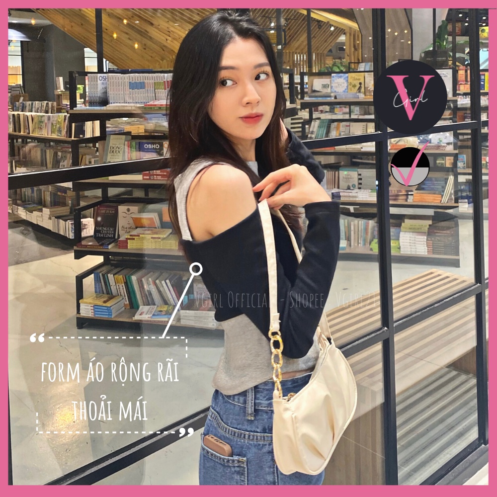 Áo kiểu hở vai tay dài VGIRL phối nút [ẢNH ĐỘC QUYỀN]
