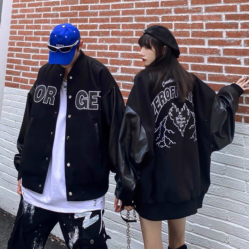 Áo khoác bomber tay da chữ FORGET from rộng unisex cho cả nam và nữ style ulzzang