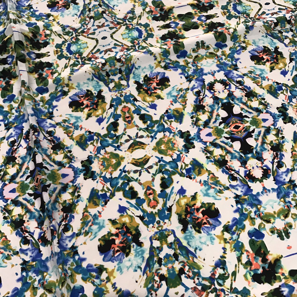 Vải cát Hàn mềm mịn co giãn 2 chiều họa tiết kính vạn hoa xanh