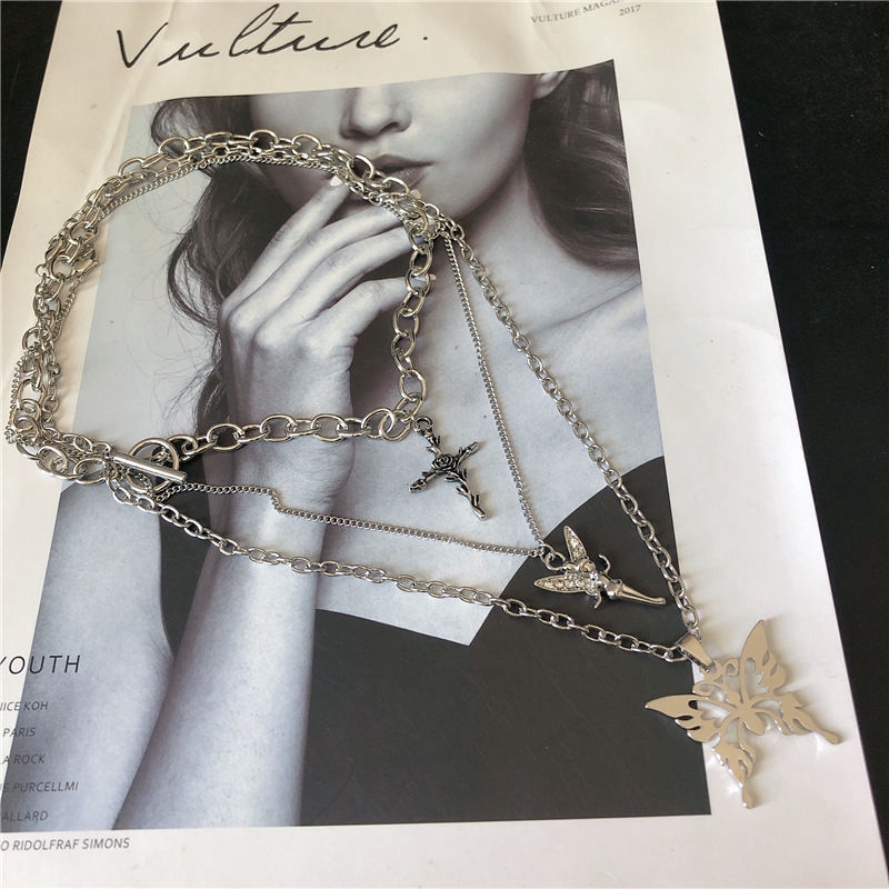 Dây chuyền nhiều lớp mặt hình cánh bướm / hoa hồng / nàng tiên phong cách thời trang harajuku 23236