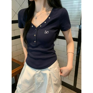 74047 Áo thun ngắn tay cổ chữ v Slim-fit phong cách Hàn Quốc